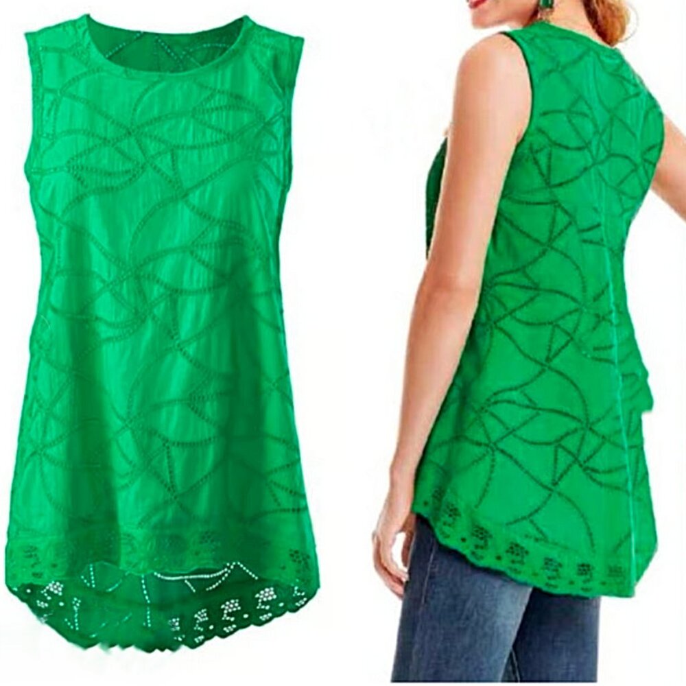 Cabi Female Green Eyelet Sleeveless Tunic Style 5036 size XS